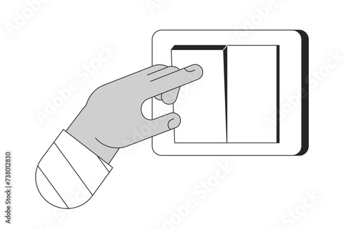 Turning off light on wall switch cartoon human hand outline illustration. Energy saving 2D isolated black and white vector image. Electricity switching finger flat monochromatic drawing clip art