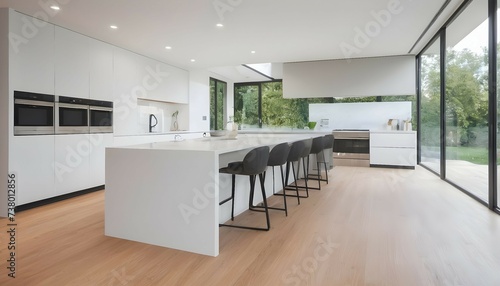 Kitchen interior in beautiful new luxury home with kitchen island and wooden floor bright modern minimal style with copy space 