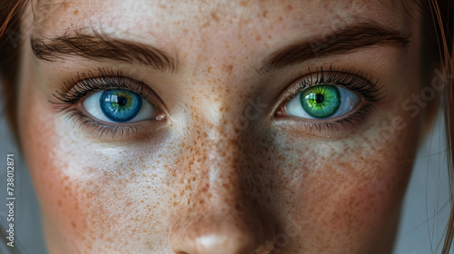 Close-up portrait of a girl with heterochromia, featuring one vibrant green eye and the other captivatingly blue, exemplifying the unique beauty of this hereditary condition. photo