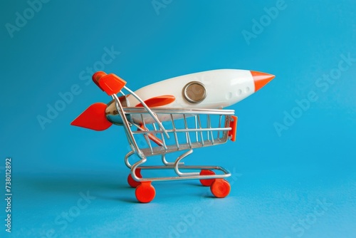 Rocket inside a shopping cart, startup concept, online sales and e-commerce, blue background.