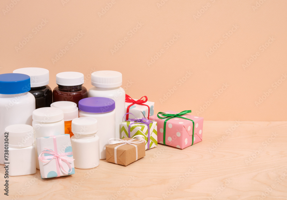 A group of medicine pills and gifts. Copy space for text. Health care. A group of medicine pills and gifts. Copy space for text. Health care.