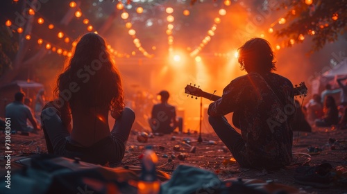 A group of teenagers sits in front of a stage at a summer music festival photo