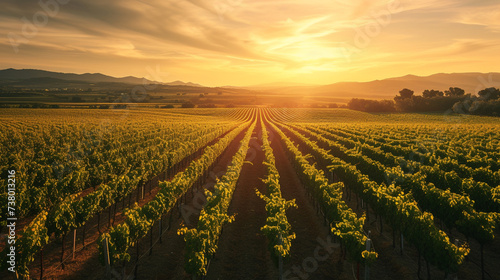 A picturesque vineyard at sunset