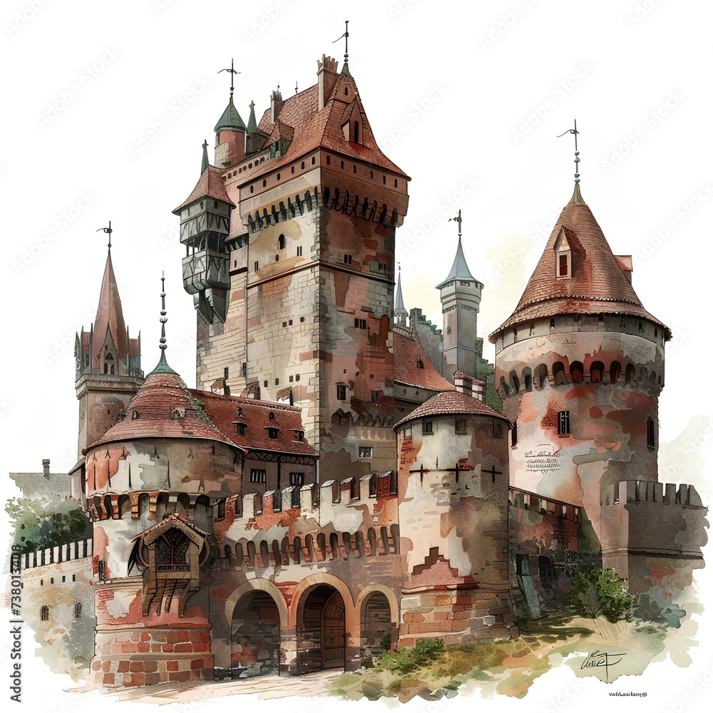 Medieval castle of Poland , watercolor illustration generated with AI . Architecture of Europe