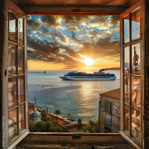 Picturesque view from window into the sea and cruise liner. Tour to Spain  Italy. Travelling and holidays abroad. AI generation