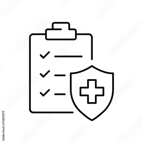 Hospital diagnostic document icon. Simple outline style. Clipboard with shield, health diagnosis, insurance, medical concept. Thin line symbol. Vector illustration isolated.
