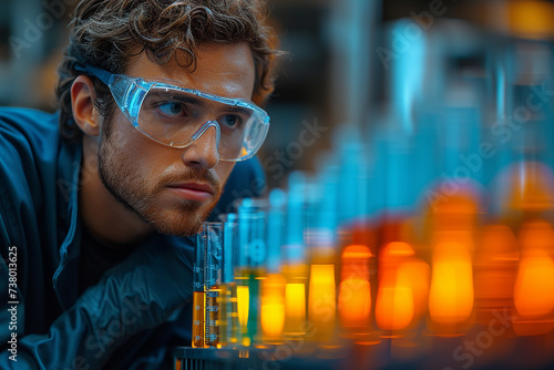 Scientist in lab coat and goggles holds test tube with colorful liquid, chemistry experiment concept.