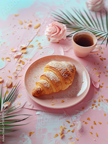 A golden croissant on a pink plate  surrounded by petals and leaves  with a cup of tea and a rose on a textured pink surface.