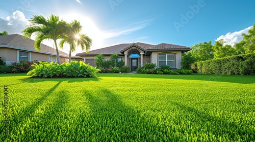 Real estate. Luxury residence, hotel, beautiful holiday resort house on the background of a green lawn with palm tree