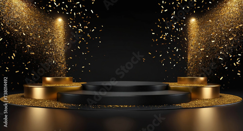 Background and mockup for product photo, dark podium on golden glittering background, template.