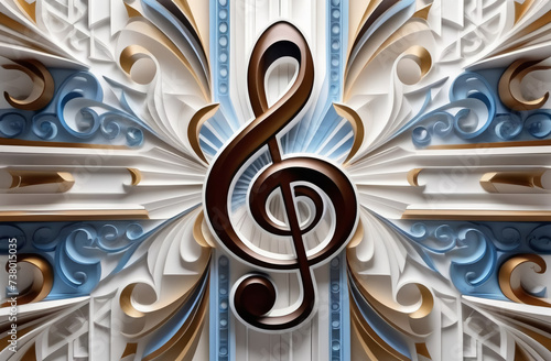 abstract musical background in beige and blue with a treble clef.