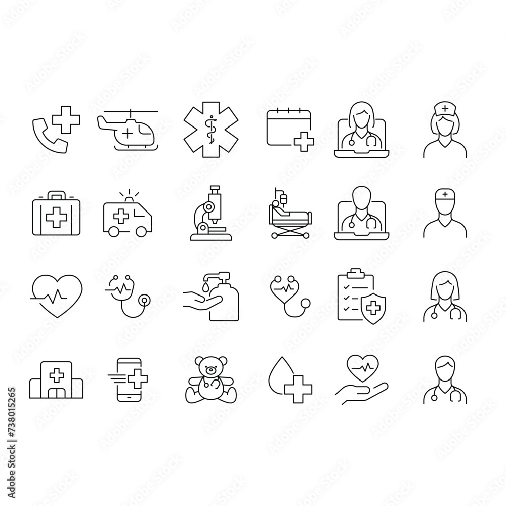 Hospital and medical care icon set. Simple outline style. Health, hospital, medical, doctor, patient, nurse, healthcare concept. Thin line symbol. Vector illustration isolated.