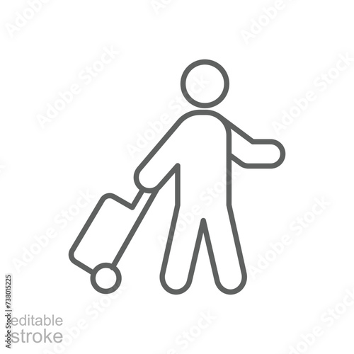Traveler man icon. Simple outline style. Passenger pulling rolling bag, business trip, vacation, tourism concept. Thin line symbol. Vector illustration isolated. Editable stroke.