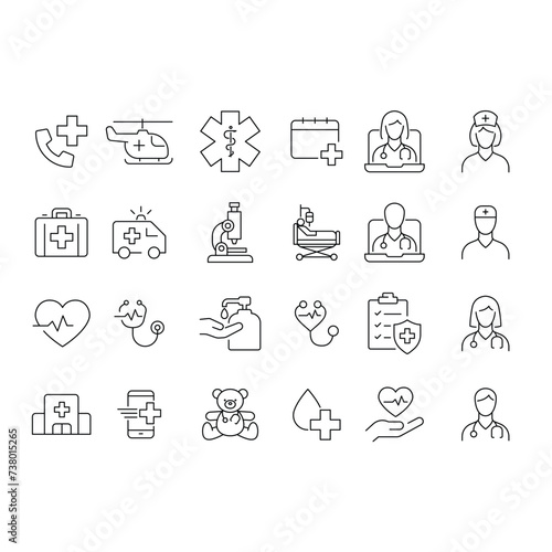 Hospital and medical care icon set. Simple outline style. Health, hospital, medical, doctor, patient, nurse, healthcare concept. Thin line symbol. Vector illustration isolated.