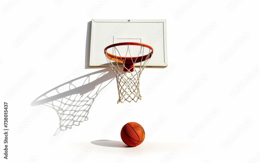 a basketball hoop with a net and a new basketball placed on a white background