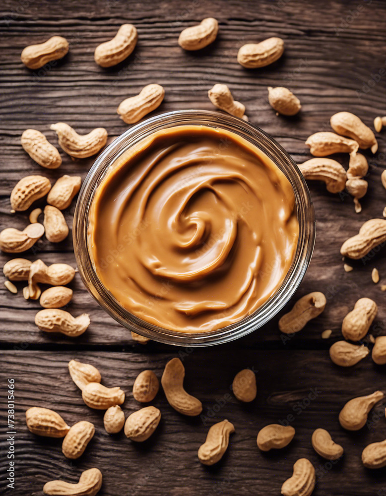Make peanut butter with paste in glass bowl on wooden background top view copy space
Make peanut butter with paste in glass bowl on wooden background top view copy space