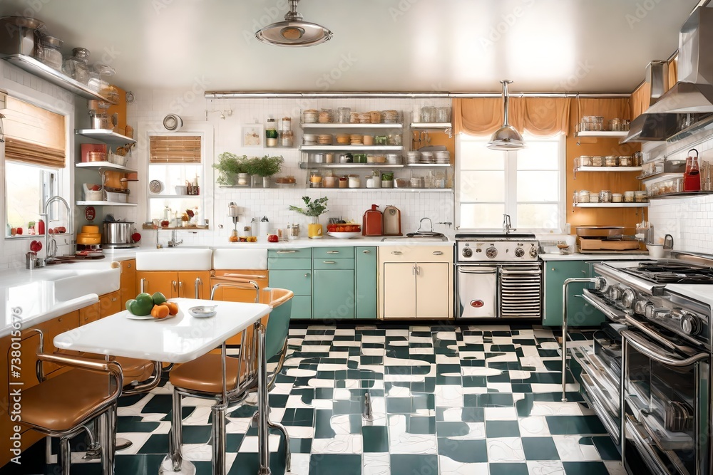 a retro diner-inspired kitchen with chrome accents, vintage appliances, and nostalgic charm.