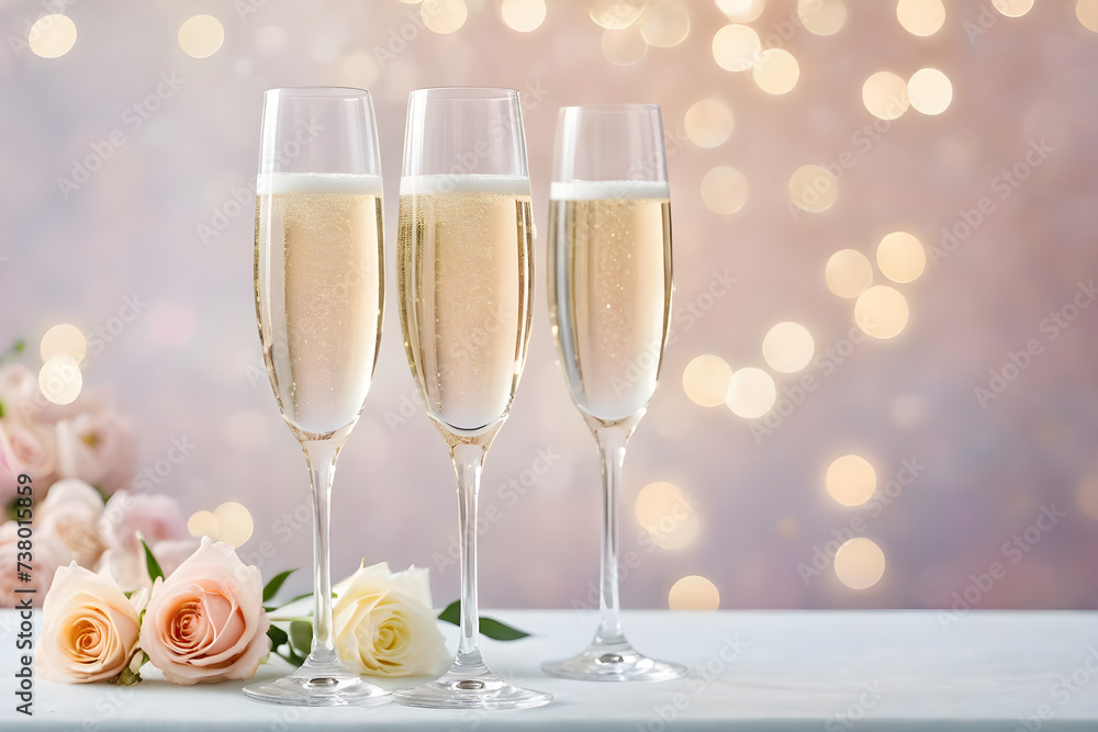 Champagne glasses, translucent crystal reflecting a gentle bokeh effect from a minimalist background with soft pastel hues. Generative AI