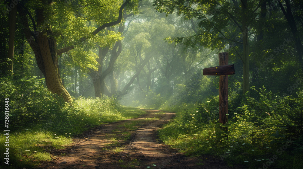 A secluded woodland path flanked by towering trees and dappled sunlight A secluded woodland path flanked by towering trees and dappled sunlight
