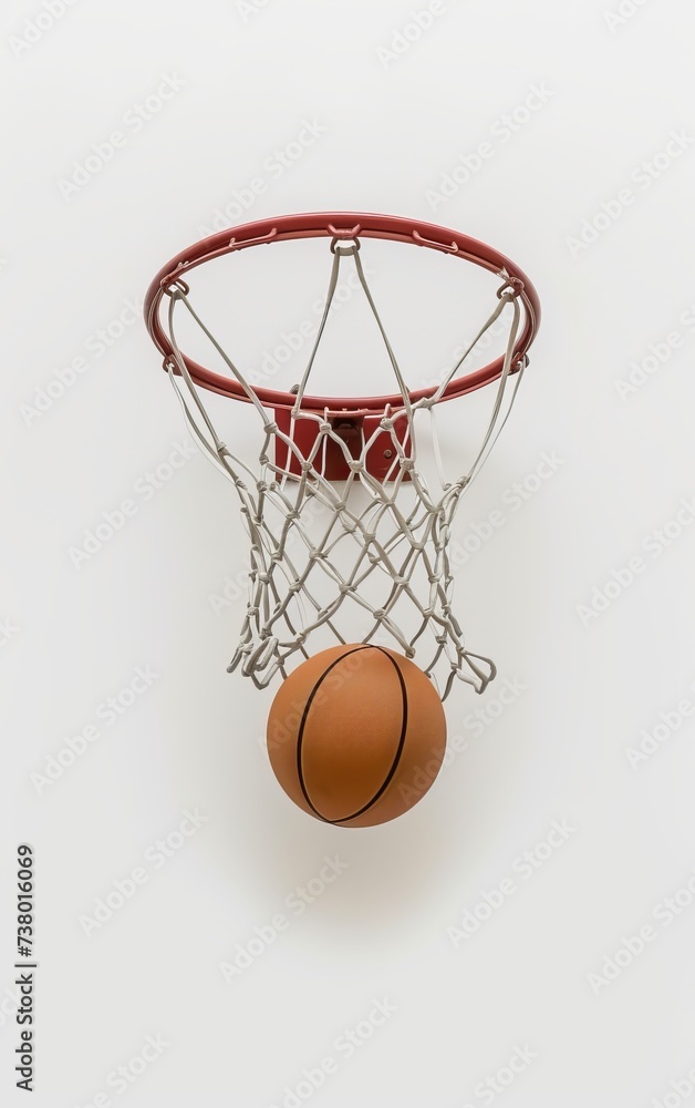 a basketball hoop with a net and a new basketball placed directly below it on a pure white background
