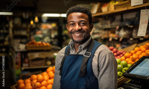 n African shopkeeper radiates warmth as she hands an EFTPOS machine, bridging worlds with every transaction.  #738016002