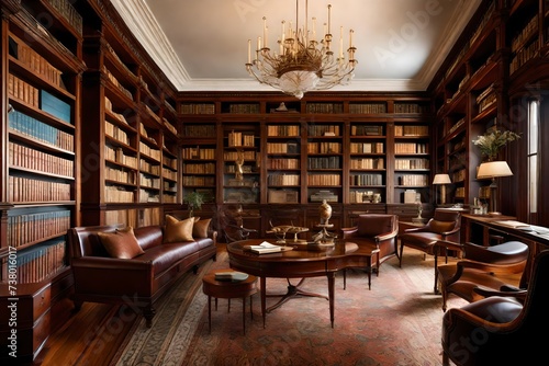 an elegant, classical library with rich mahogany shelves, leather-bound books, and the aura of sophistication.