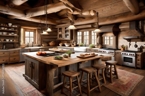 a cabin kitchen with a roaring hearth  wooden beams  and a rustic  cozy feel.