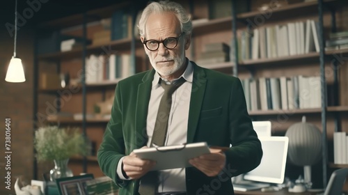 Senior businessman with pen and clipboard standing in office, Confident bearded male executive in formal suit and eyeglasses standing near sunlight