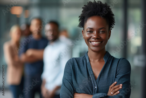 Professional African American businesswoman with confident smile and crossed arms with team behind in corporate environment