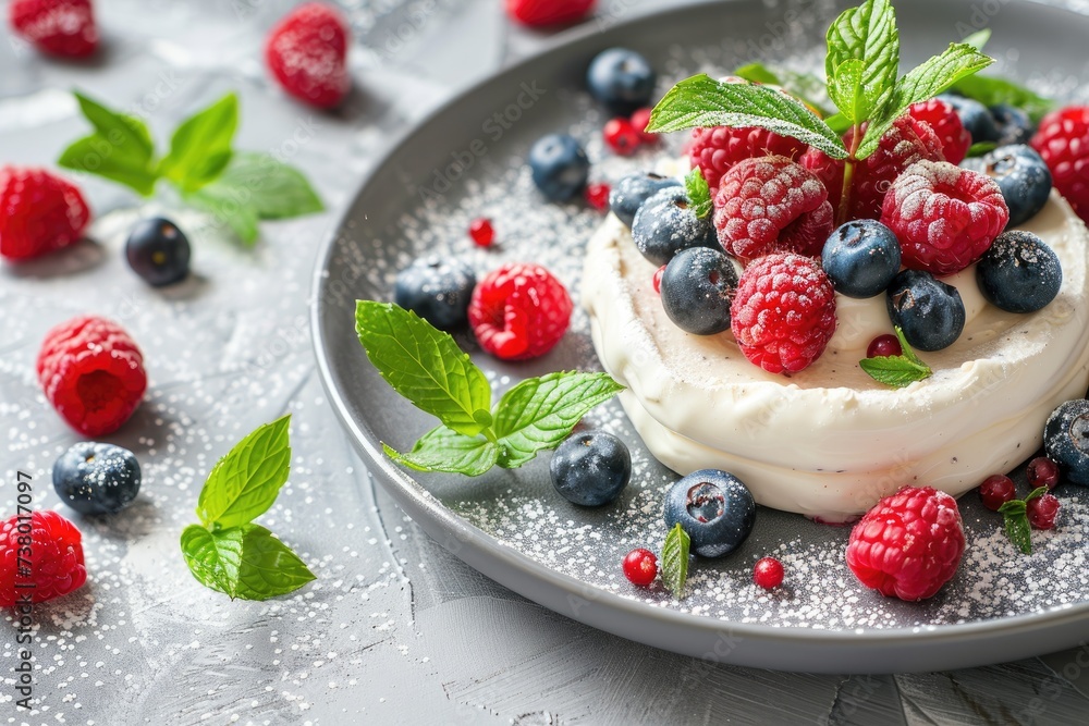 Curd dessert with cream, raspberries, and blueberries garnished with fresh mint Curd dessert with cream, raspberries, and blueberries garnished with fresh mint
