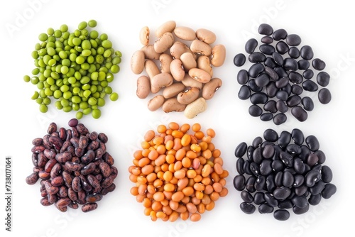 Collection of mix bean (soy beans, Adzuki bean, green mung and black bean) isolated on white background.