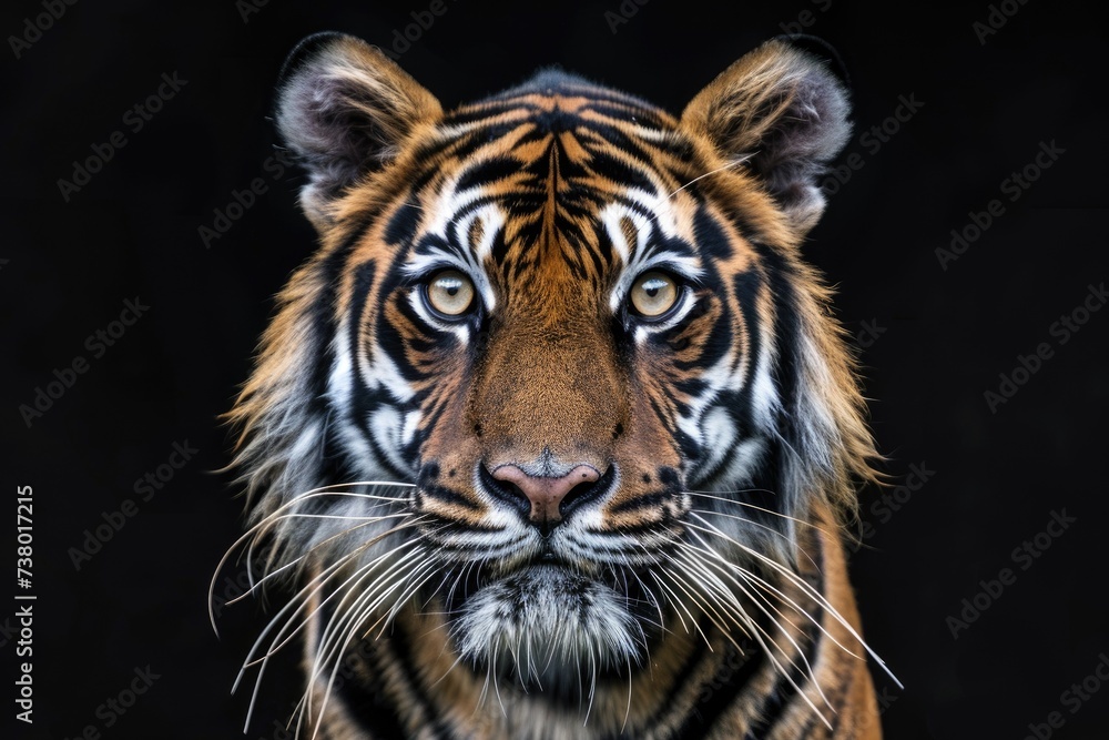 Front view of Sumatran tiger isolated on black background. Portrait of Sumatran tiger (Panthera tigris sumatrae)