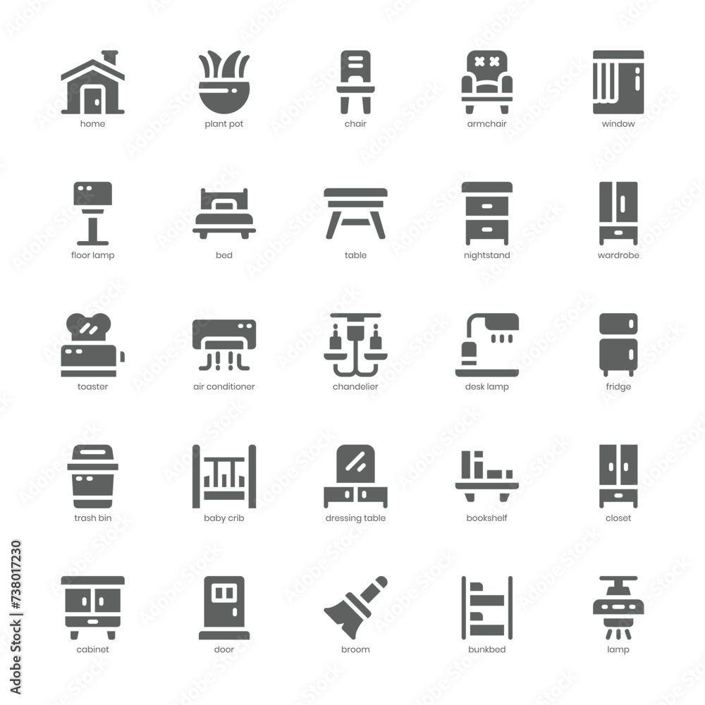 Furniture and Decoration icon pack for your website, mobile, presentation, and logo design. Furniture and Decoration icon glyph design. Vector graphics illustration and editable stroke.