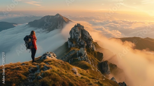 Girl with backpack on mountain peak looking in beautiful mountain valley in fog at sunset in autumn.
