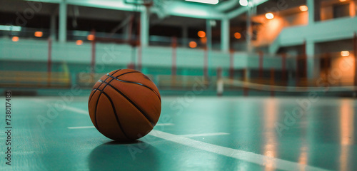 A basketball lies on the floor of the sports arena