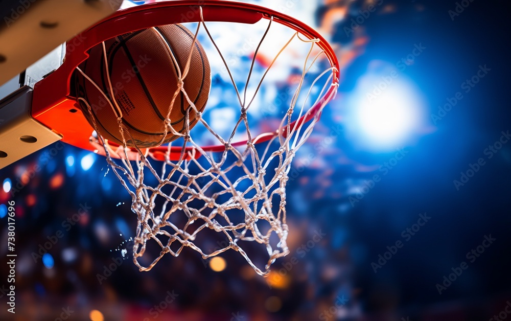 Basketball hoop and ball on blue background. Sport concept. Close up.
