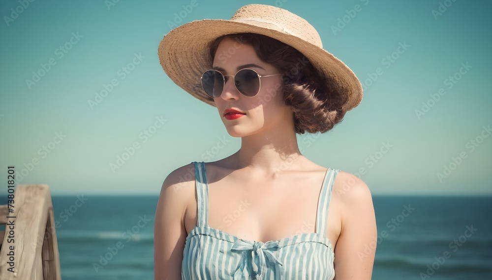 Young woman in front of the ocean during a super sunny day with vintage styling