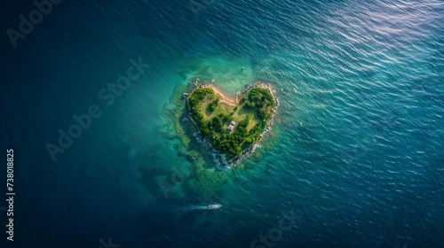 Tropical island in the shape of a heart with houses in the lush green surroundings. Boat near the island with jettys.