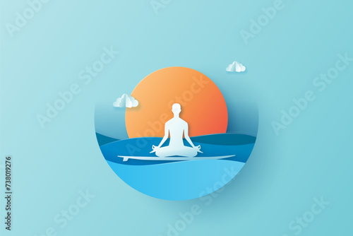 SUP yoga poster. Paper cut illustration with the person on a SUP board meditating at sunset. Vintage stand up paddle boarding banner