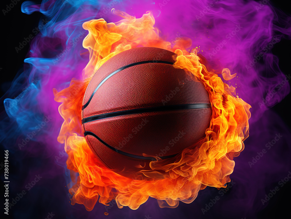 A close up of a basketball ball in a fire and smoke