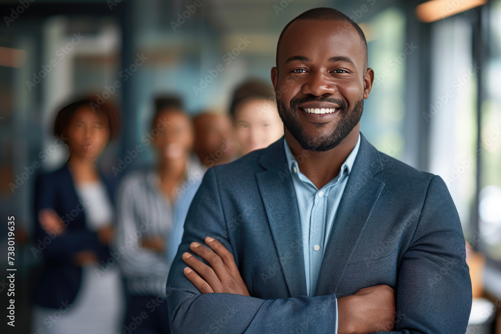 Handsome and confident African American businessman consultant smiling with diversity team in modern office background Handsome and confident African American businessman consultant smiling with diversity team in modern office background