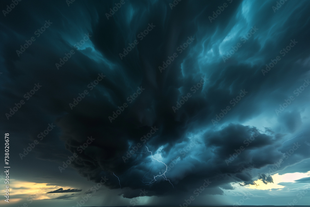 Brooding thunderclouds with lightning strikes, ideal for dramatic backdrops in film production and artistic projects.