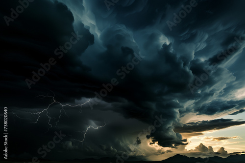 Dramatic thunderstorm with lightning bolts illuminating dark storm clouds. Ideal for weather forecasting websites and natural phenomenon education.