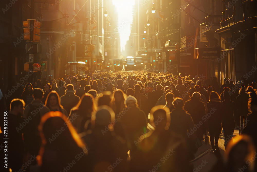 Large crowd of people walking in the street downtown during sunset. Crowded city with pedestrians - obrazy, fototapety, plakaty 