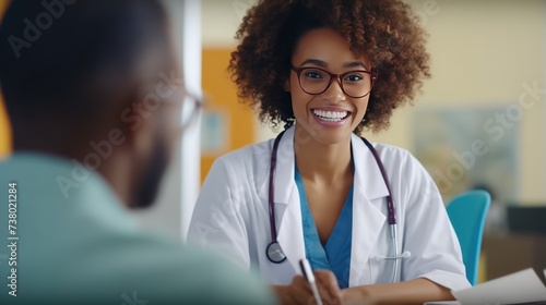 Happy, black woman or doctor consulting a patient in meeting in hospital for healthcare feedback or support. photo