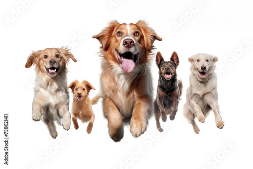 Group of dogs running and jumping isolated on white