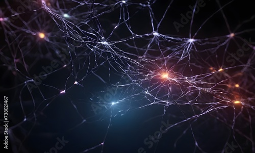 Intricate Illuminated Neuron Network AI Generated depicts a complex, interconnected network of nodes and lines, resembling a neural network or a web, against a dark background. AI Generated