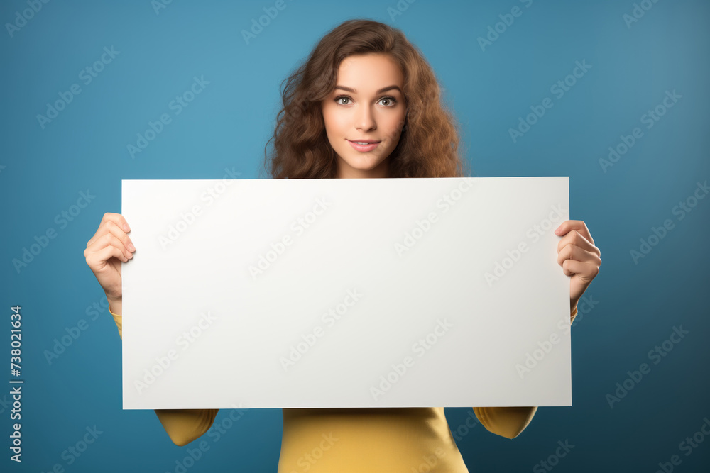 Young woman holding a blank white banner with space for text against a blue background Young woman holding a blank white banner with space for text against a blue background