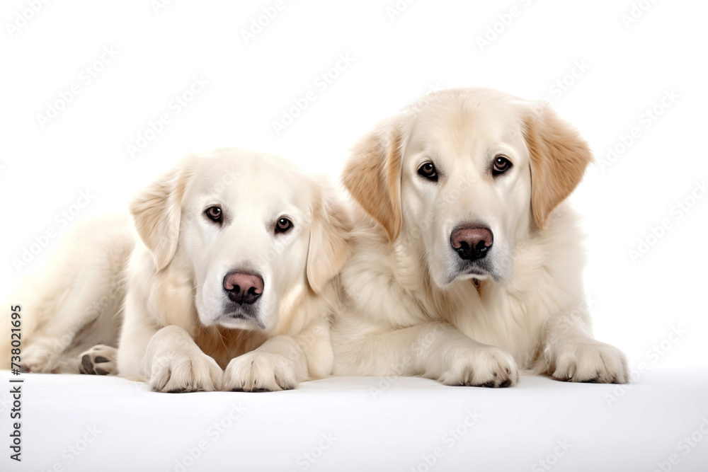 Two  young Golden Retriever dogs isolated on white background.