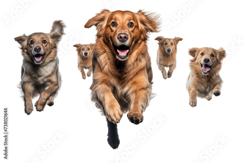 Group of dogs running and jumping isolated on white